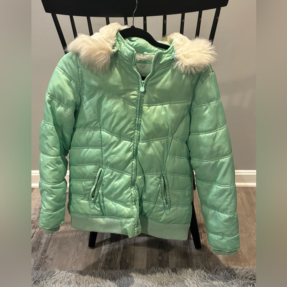 Justice Mint Puffer Jacket with Faux Fur